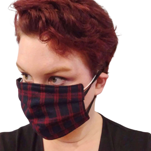 Face Mask - Reversible Wine Plaid and Black Canvas